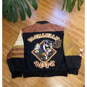 Vintage 90s XL Bills Giants Taz Jeff Hamilton NFL Warner Bros Leather Jacket USA